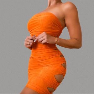 HOUSE OF CB SITTING PRETTY ORANGE STRAPLESS DRESS